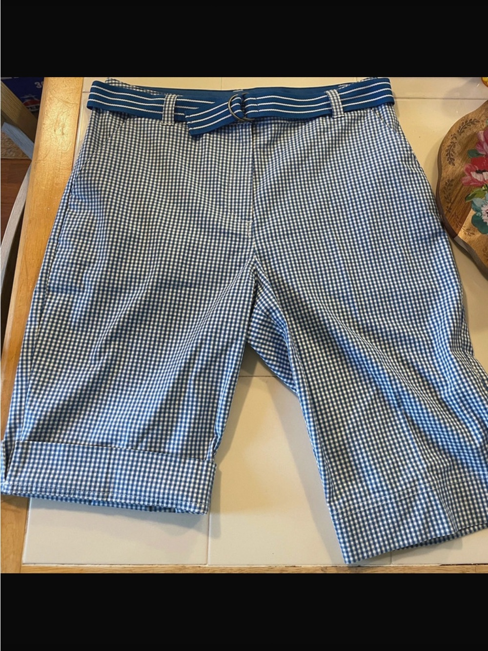 **2 pair for $12**Blue Gingham Women's 4 Pocket Shorts with Striped Belt NWOT